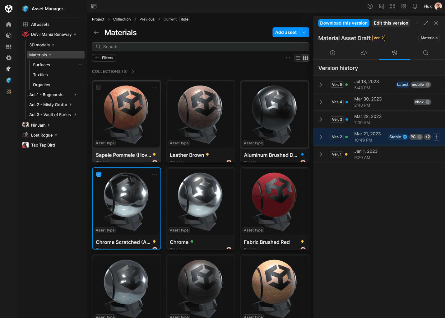Unity Cloud Asset Versioning interface