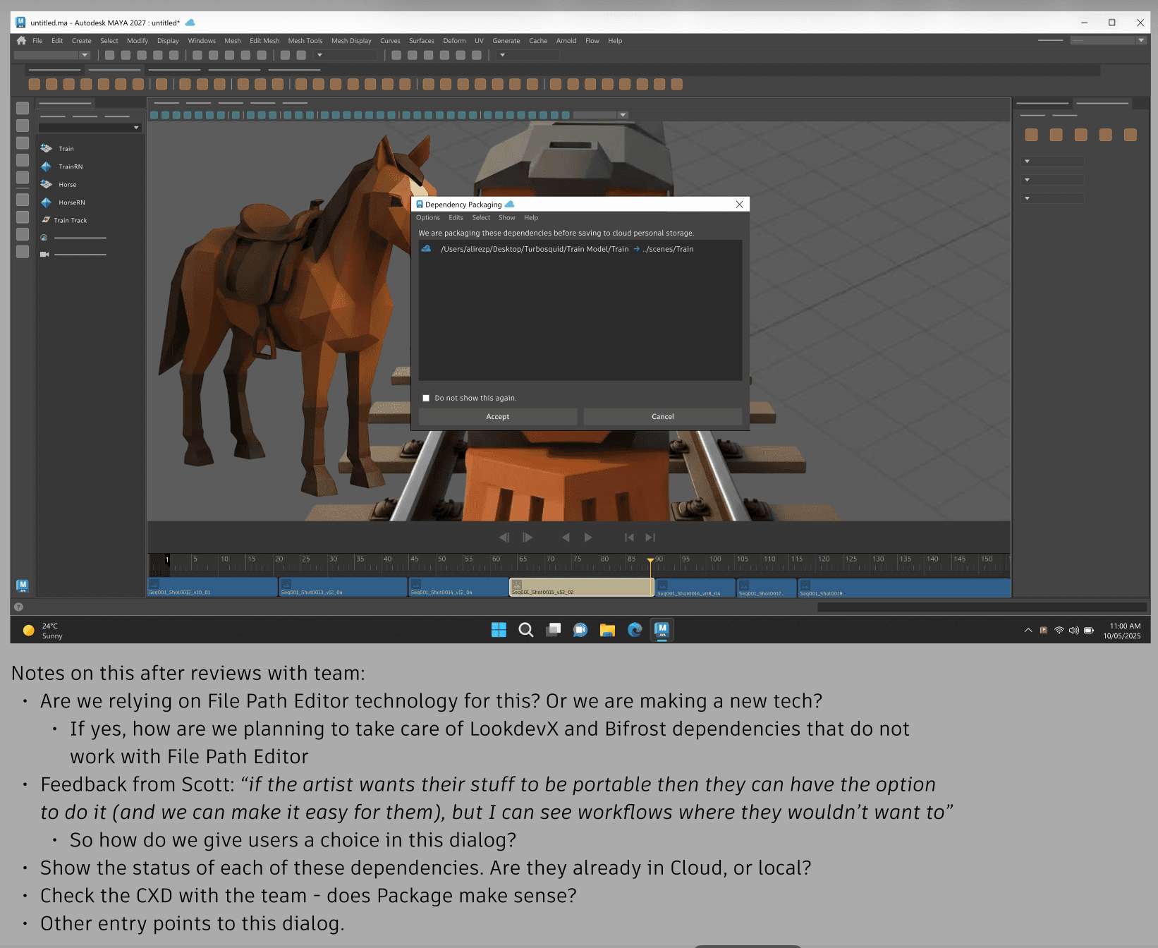 Maya dependency packaging dialog with review notes from team feedback sessions